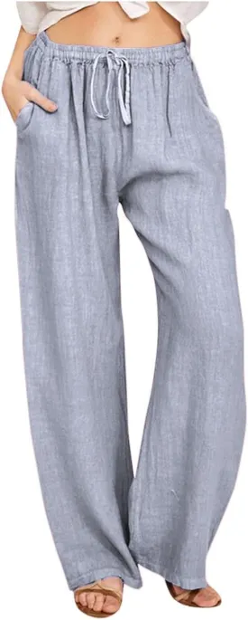 Women's Summer Linen Pants Flowy Wide Leg Long Lounge Pant Drawstring Trousers with Pocket