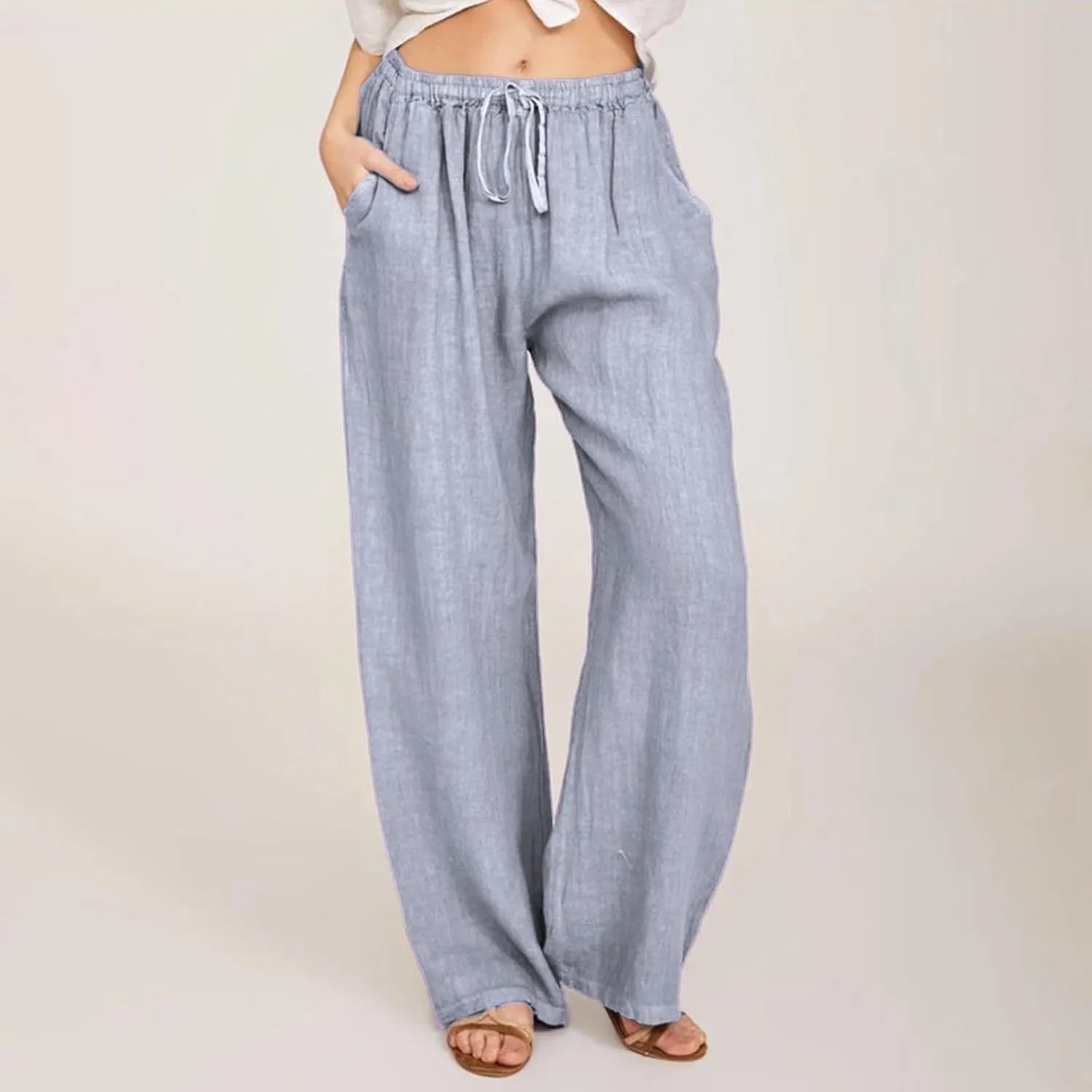 Women's Summer Linen Pants Flowy Wide Leg Long Lounge Pant Drawstring Trousers with Pocket