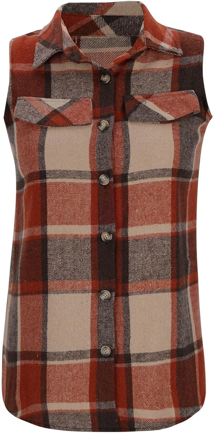 Womens Wool Blend Plaid Shacket Collared Winter Sleeveless Blazer Jackets Flannel Vest Long Button Down Cardigans
