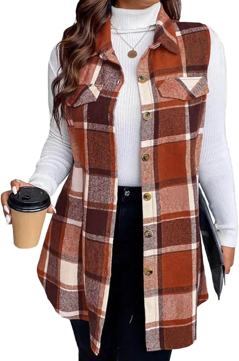 Womens Wool Blend Plaid Shacket Collared Winter Sleeveless Blazer Jackets Flannel Vest Long Button Down Cardigans