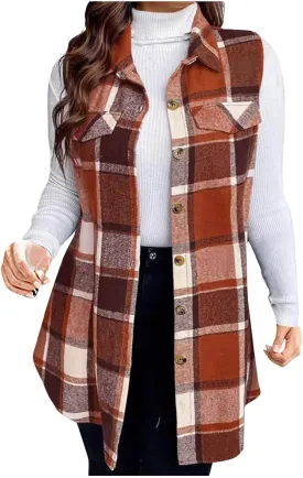 Womens Wool Blend Plaid Shacket Collared Winter Sleeveless Blazer Jackets Flannel Vest Long Button Down Cardigans
