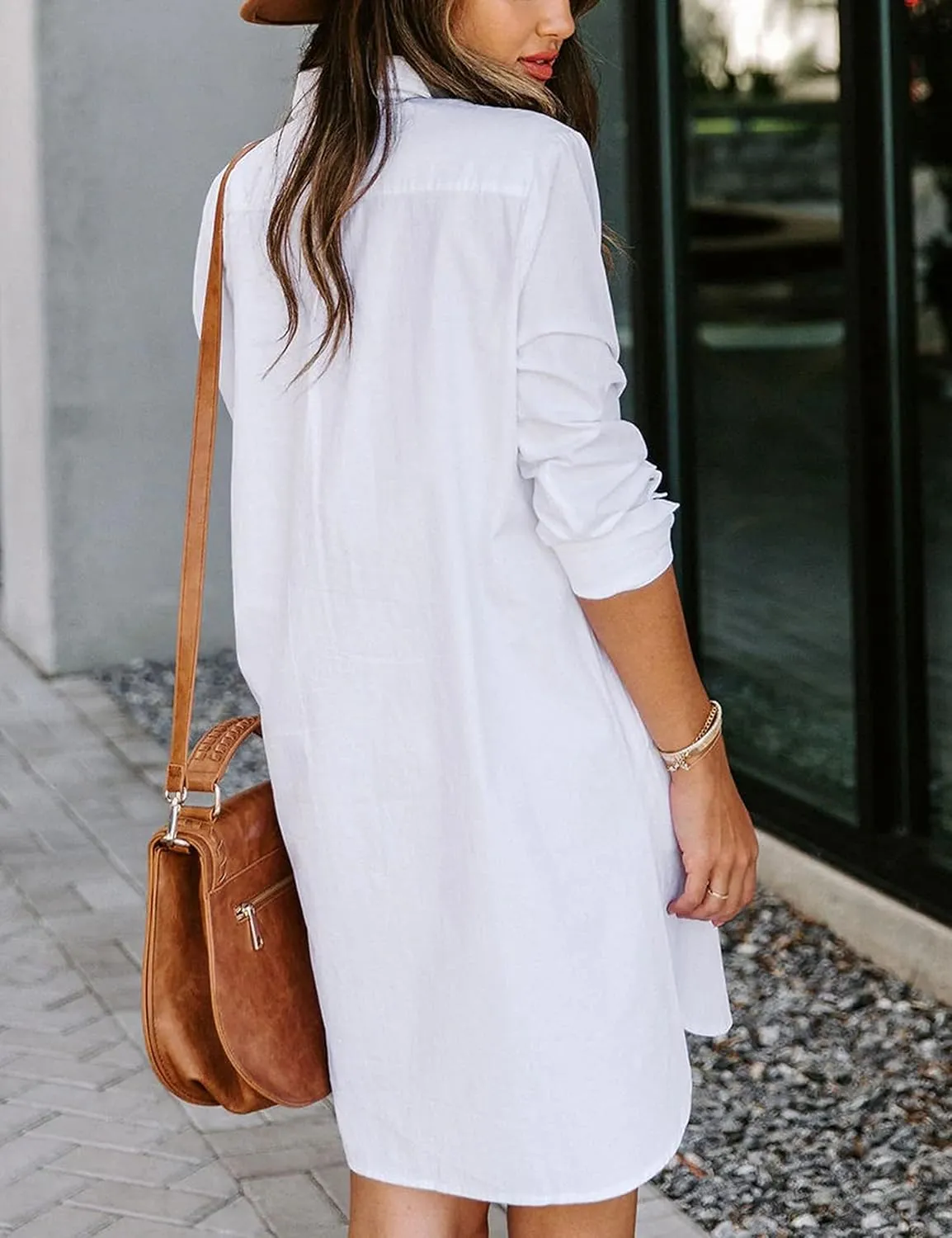 Zontroldy Shirt Dresses for Women Casual Loose Solid Striped Long Sleeve V Neck Button Down Shirts Dress
