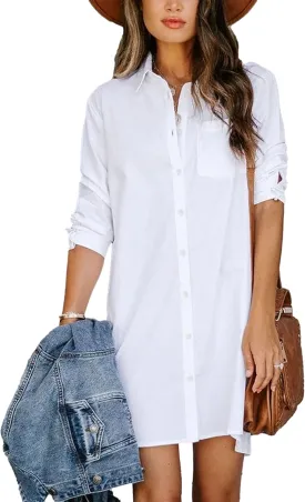 Zontroldy Shirt Dresses for Women Casual Loose Solid Striped Long Sleeve V Neck Button Down Shirts Dress