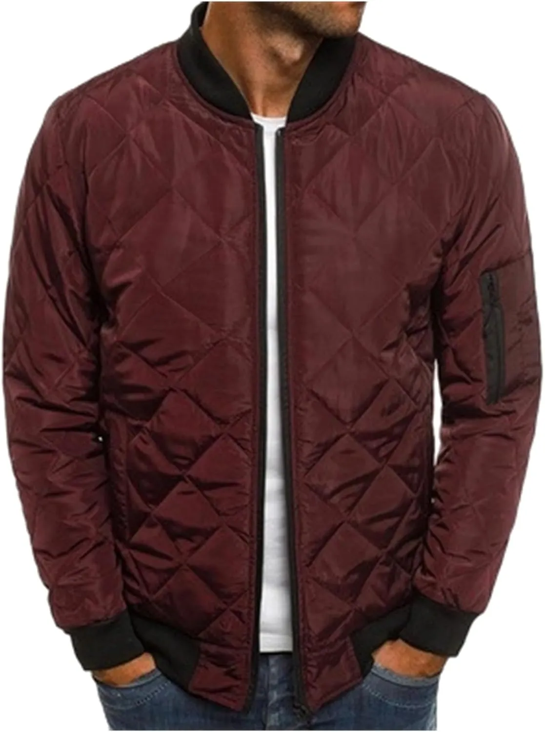 ZWRXW Bomber Jackets for Men Diamond Quilted Puffer Down Jacket Full Zip Lightweight Varsity Padded Coat Winter Warm Outwear